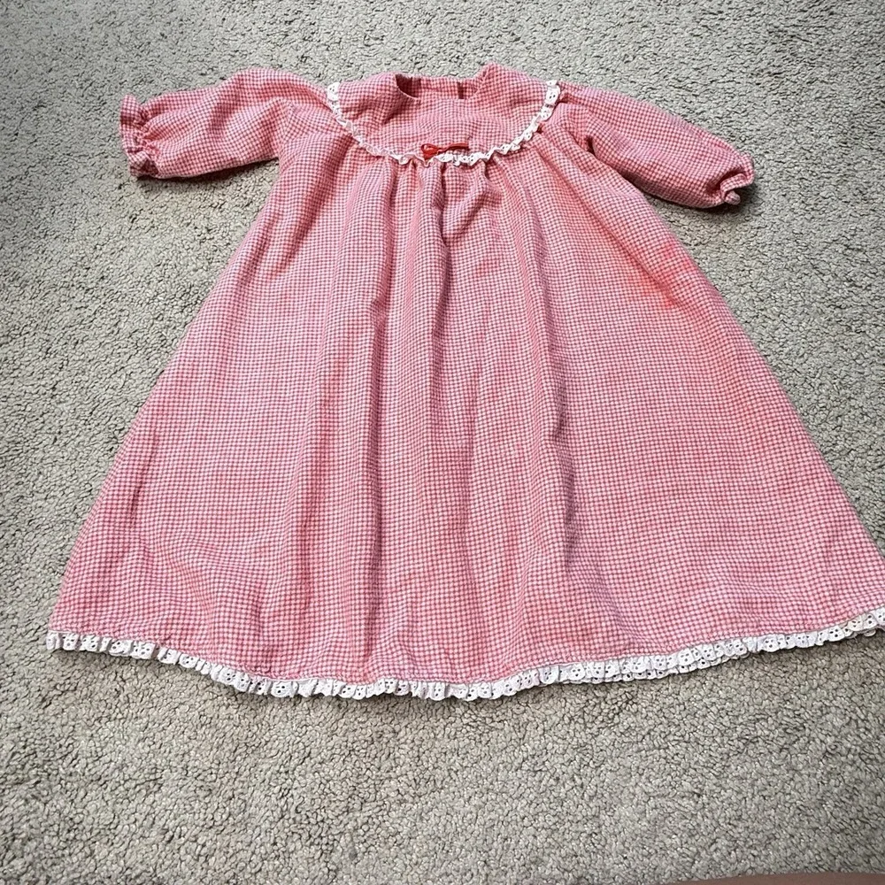 Primitive Baby Girls Red Gingham Christmas Nightgown Eyelet Lace 18-24M 1980s